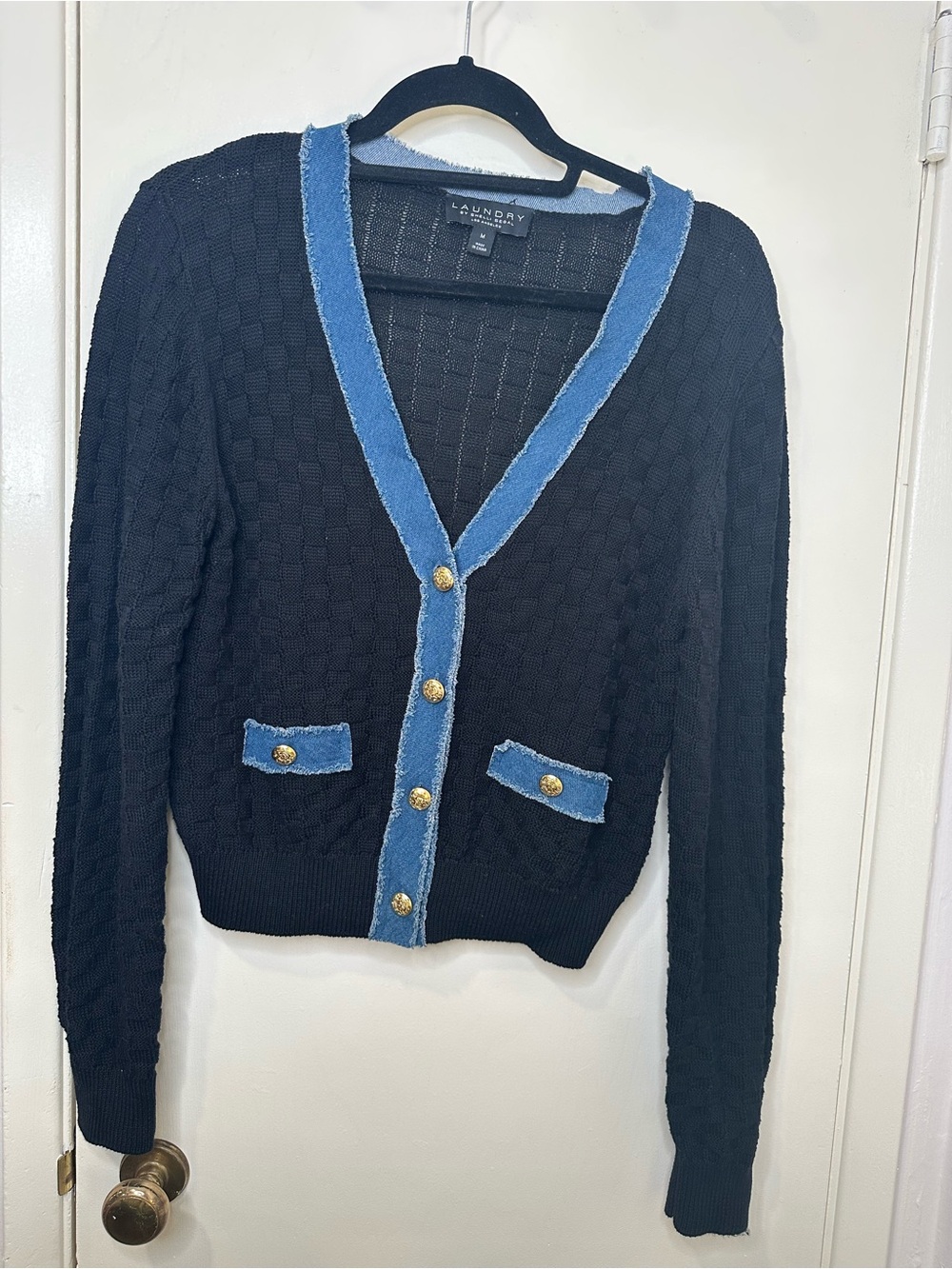 Laundry By Shelli Segal Black Cardigan with Blue Trim and Gold Buttons